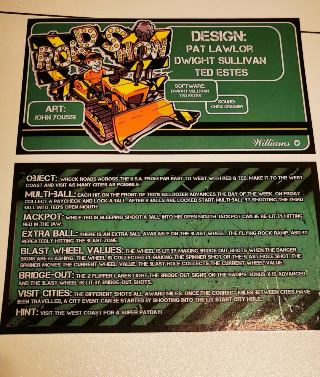 Pinball card instructions Road Show Williams